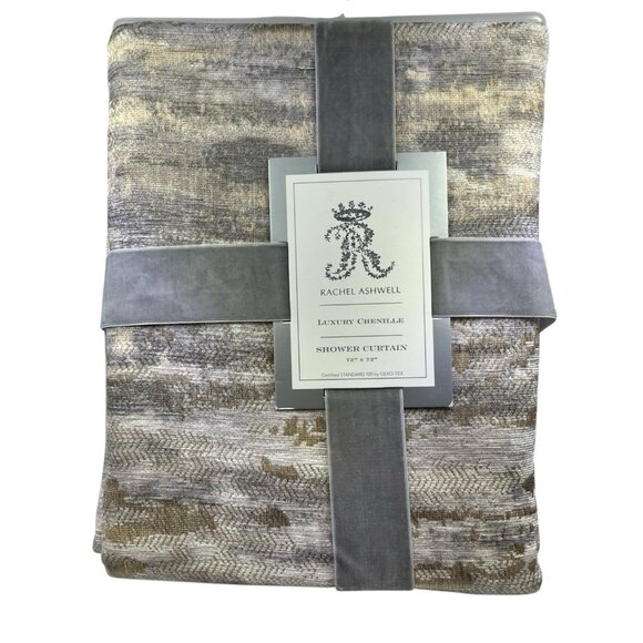 Rachel Ashwell Shower Curtain Metallic Gray Tan Watercolor Luxury Chenille - Picture 1 of 7